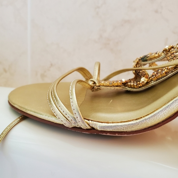 Gold Leather & Rhinestone lace up heel sandles - Picture 5 of 16